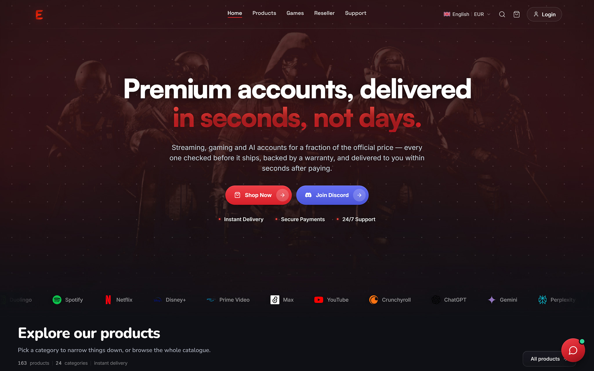 Exudos.gg homepage — Premium accounts, delivered in seconds, not days